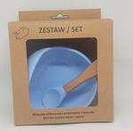 bi-bi, zestaw w kartoniku: miseczka silikonowa z przyssawką + łyżeczka - niebieska