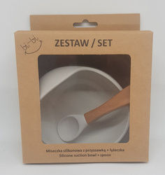 bi-bi, zestaw w kartoniku: miseczka silikonowa z przyssawką + łyżeczka - szara